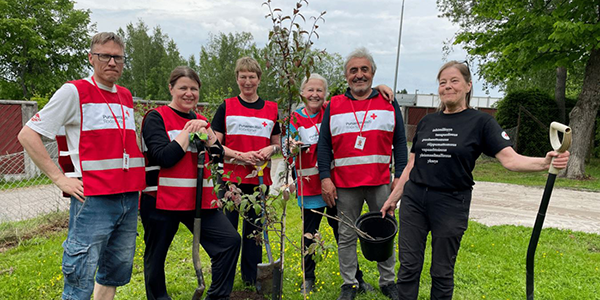 Hymyileviä henkilöitä Punaisen Ristin liiveissä istuttamassa puita.