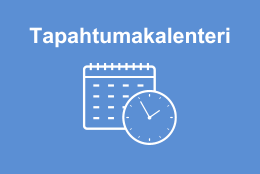 Sinisellä pohjalla graafinen kuva kellosta ja kalenterista sekä teksti "Tapahtumakalenteri"
