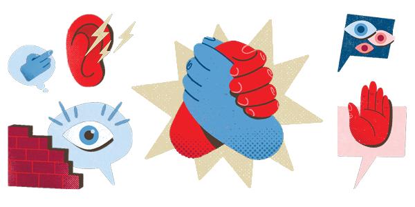 Graafinen kuvituskuva silmistä, korvista, käsistä.