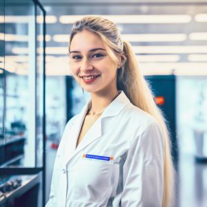 Tekoälyllä tehty kuva nuoresta naisesta laboratoriotakki päällään työpaikalla.