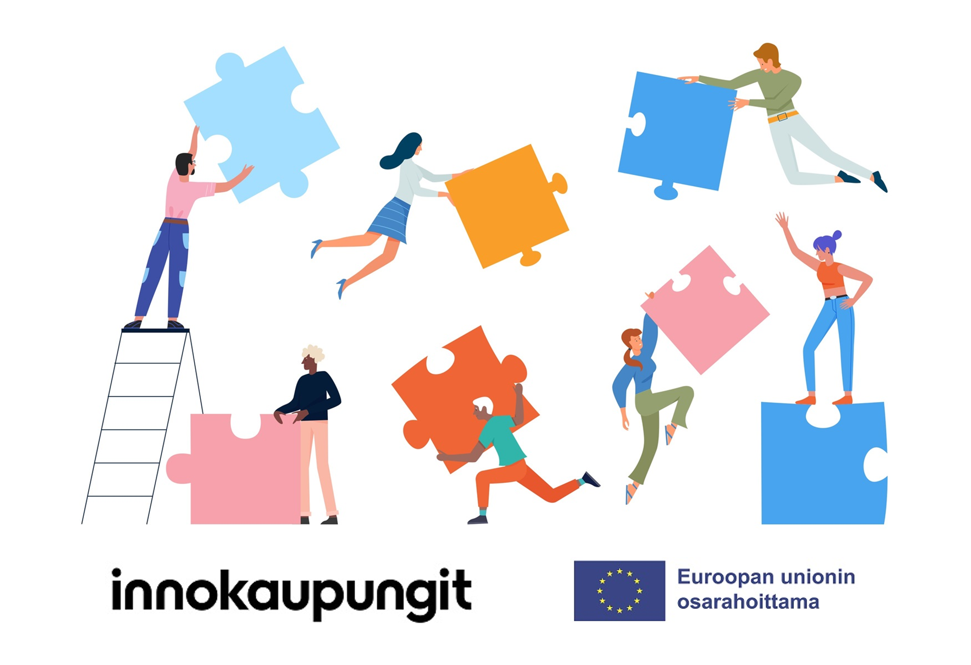 People building puzzles. Innokaupungit and EU logos below.