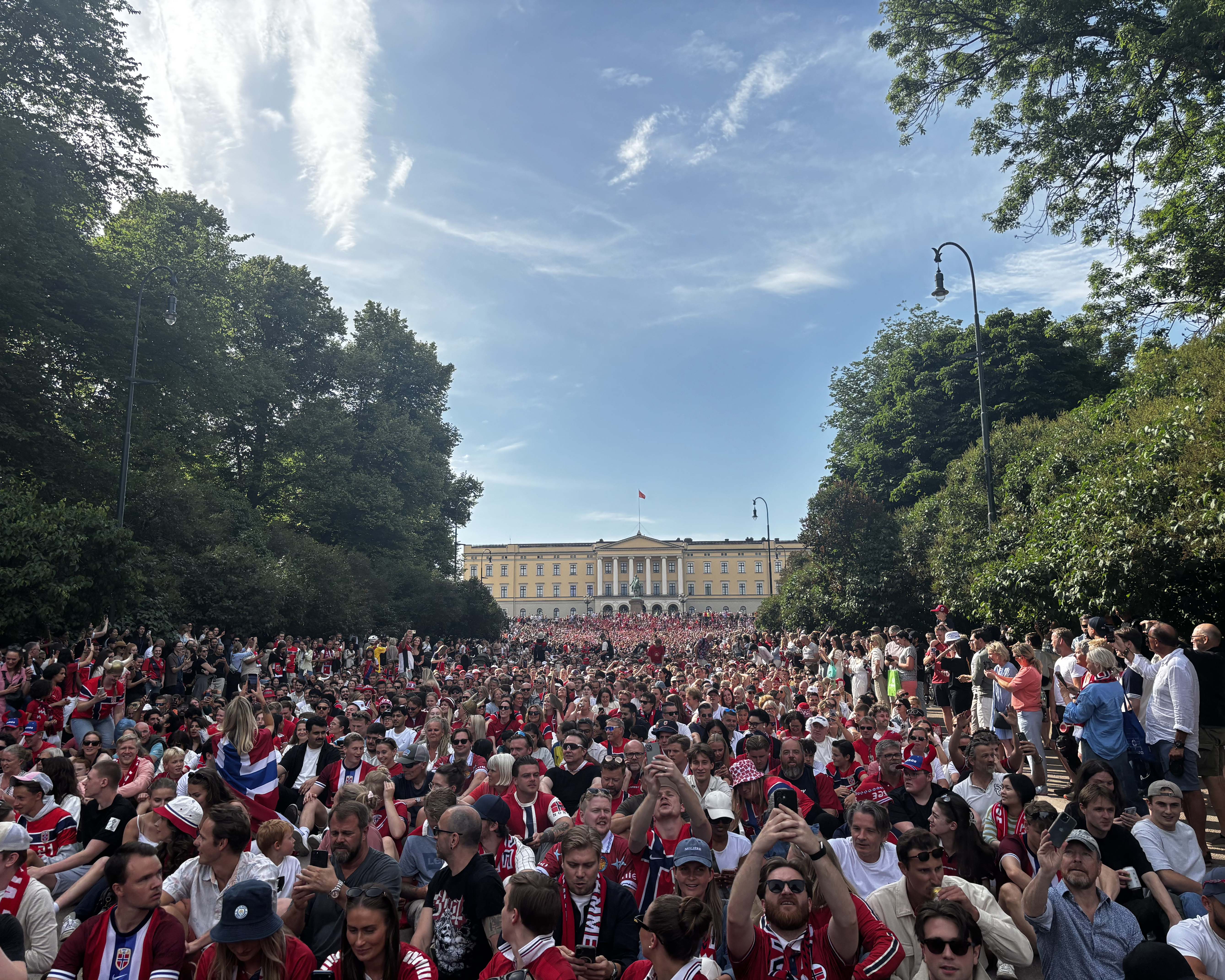Norwegian fotball fans outside the Royal Palace in Oslo