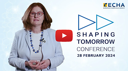 Picture of ECHA's Executive Director Sharon McGuinness, play button and text Shaping tomorrow conference 28 February 2024