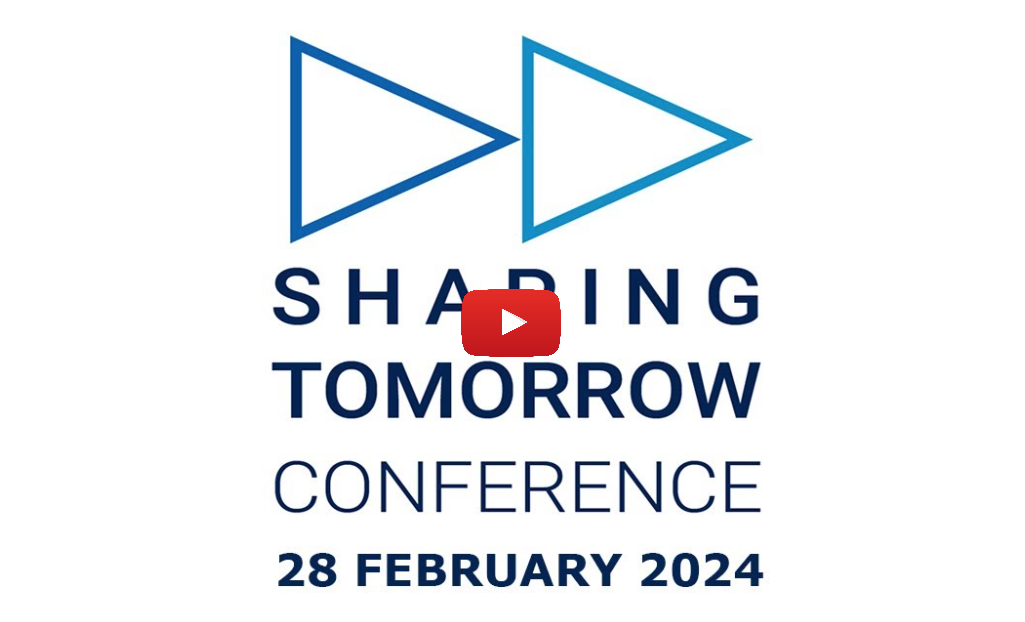 Text: Shaping Tomorrow Conference 28 February 2024 with play button