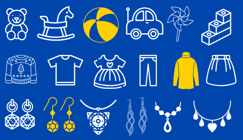 dark blue background with white and yellow icons representing products such as toys, clothes, jewellery