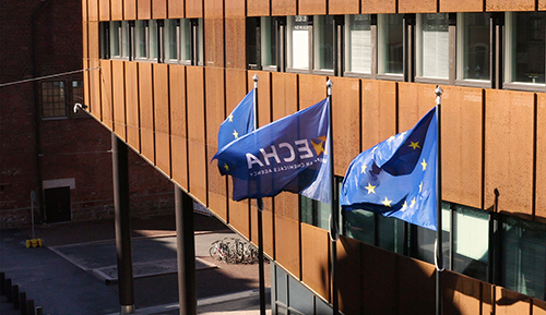 EU and ECHA flags in front of ECHA's building