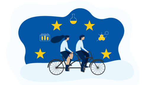 tandem bike in front, on blue background a variation of EU stars