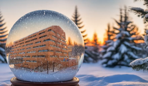 ECHA's building inside a snow globe in front and a winter landscape on background